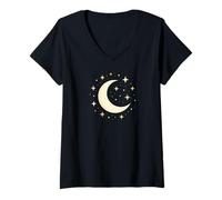 Mujer Linda Luna Creciente rodeada de Estrellas Brillantes Camiseta Cuello V