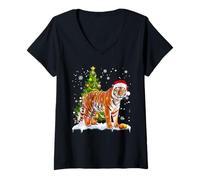 Mujer Linda luz de Navidad Tigre Divertido Amante del Tigre Camiseta Cuello V