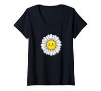 Mujer Linda Margarita con una Gran Sonrisa Kawaii Flor Camiseta Cuello V