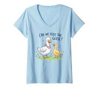Mujer Linda Naturaleza Alimentar Los Gansos Niños Maestros Padres Camiseta Cuello V