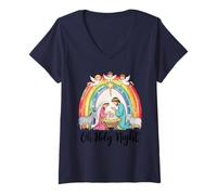 Mujer Linda Noche Santa Fe Cristiana Jesús Nacimiento Familia Navidad Camiseta Cuello V