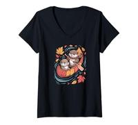 Mujer Linda Nutria par en otoño río otoño Canoa Escena Camiseta Cuello V