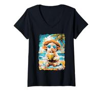 Mujer Linda Oveja con Gafas de Sol Coco Animal Tropical Verano Camiseta Cuello V