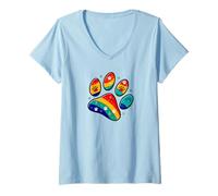 Mujer Linda Pata de Perro Colorida - Patas artísticas llenas de Colores Camiseta Cuello V