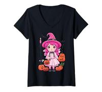 Mujer Linda pequeña Bruja Rosa de Halloween Camiseta Cuello V