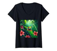 Mujer Linda rana arbórea de ojos rojos en la selva - Ilustración de la naturaleza Camiseta Cuello V