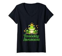 Mujer Linda Rana de Dibujos Animados con Corona sentada en la Hierba Camiseta Cuello V