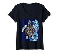 Mujer Linda tortuga se desliza a través de los sueños de coral del océano azul profundo Camiseta Cuello V