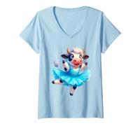 Mujer Linda Vaca Bailarina Bailando tutú Azul Copo de Nieve Camiseta Cuello V