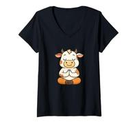 Mujer Linda vaca chibi meditando y relajándose Camiseta Cuello V