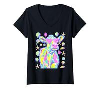 Mujer Linda Vaca con Corazones Gafas de Sol Conchas Marinas Verano costero Camiseta Cuello V