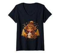 Mujer Linda Vaca de Las Tierras Altas en un Acogedor Sombrero y Bufanda de Invierno Camiseta Cuello V