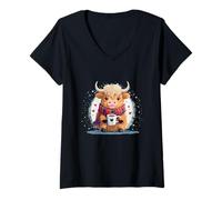 Mujer Linda Vaca Escocesa de Las Tierras Altas Divertido café Adicto Bebida Vaquera Camiseta Cuello V