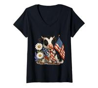 Mujer Linda Vaca patriótica sosteniendo la Bandera Estadounidense 4 de Julio Vaca Camiseta Cuello V