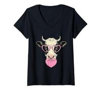 Mujer Linda Vaca soplando Rosa San Valentín corazón Bubble Gum Camiseta Cuello V