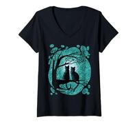 Mujer Lindas Siluetas de Gatos bajo un árbol a la luz de la Luna Camiseta Cuello V