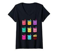 Mujer Lindas tazas de té de burbujas de píxeles Kawaii Digital Drink Art Camiseta Cuello V