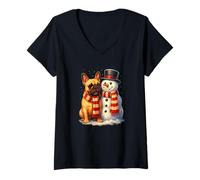 Mujer Lindas Vacaciones de Bulldog francés y muñeco de Nieve Camiseta Cuello V