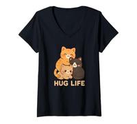 Mujer Lindo abrazo de gato Kawaii - HUG LIFE Camiseta Cuello V