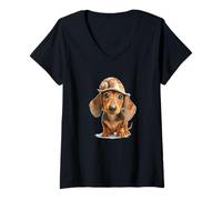 Mujer Lindo Adorable Perro Salchicha Weiner en una Concha de Caracol Camiseta Cuello V