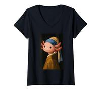 Mujer Lindo ajolote con un Pendiente de Perlas Pintura Divertida de Vermeer Camiseta Cuello V