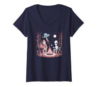 Mujer Lindo Alien Bigfoot Área 51 Roswell Camping Squad Entusiasta Camiseta Cuello V