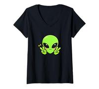 Mujer Lindo Alien Head Peace Sign Extraterrestre Aesthetic Camiseta Cuello V