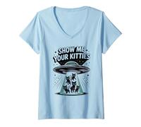 Mujer Lindo Alien Show ME Your Kitties Amante de los Gatos Dueño Animal Mamá Camiseta Cuello V