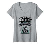 Mujer Lindo Alien Show ME Your Kitties Amante de los Gatos Dueño Animal Mamá Camiseta Cuello V