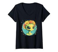 Mujer Lindo alienígena con una hermosa corona de flores para adultos y niños Camiseta Cuello V