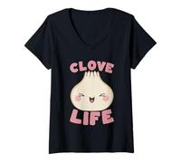 Mujer Lindo Amante de la Comida de la Vida del Clavo de ajo Kawaii Camiseta Cuello V