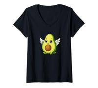 Mujer Lindo ángel de aguacate de dibujos animados con alas Camiseta Cuello V