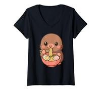 Mujer Lindo Animal Comiendo Ramen Kawaii Ilustración Camiseta Cuello V