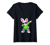 Mujer Lindo Anime Dabbing Bunny Conejo Feliz Pascua Niño Niña Niños Camiseta Cuello V