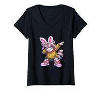 Mujer Lindo Anime Dabbing Bunny Mapache Feliz Pascua Chica Niño Divertido Camiseta Cuello V