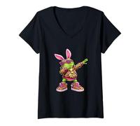 Mujer Lindo Anime Dabbing Frog Bunny Feliz Pascua Niño Chica Divertido Camiseta Cuello V