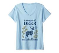 Mujer Lindo Arte Floral Popular con el Tema «Me pregunto si los Ciervos piensan en mí también» Camiseta Cuello V