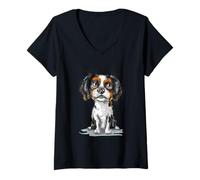 Mujer Lindo Arte Tricolor Cavalier King Charles Spaniel Puppy Dog Art Camiseta Cuello V
