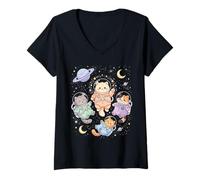 Mujer Lindo Astronauta Gatos Galaxia Planetas Estrellas Gatos Coloridos Camiseta Cuello V
