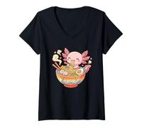 Mujer Lindo Axolotl Come Fideos Ramen, gráfico Kawaii de Axolotl Camiseta Cuello V