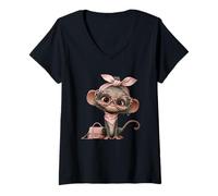 Mujer Lindo Baby Monkey Kawaii Personaje Rosa Leopardo Gafas Look Camiseta Cuello V