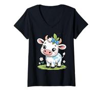Mujer Lindo bebé Kawaii Vaca con Arco Dibujos Animados Animal Arte Camiseta Cuello V