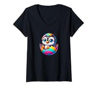 Mujer Lindo bebé pingüino en huevo de Pascua dibujos animados arte Camiseta Cuello V