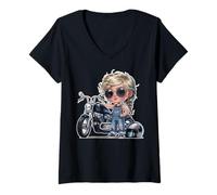 Mujer Lindo Biker Chica Montando con Coole Classic Motocicleta Camiseta Cuello V