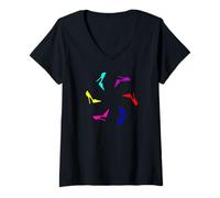 Mujer Lindo, Bonito y Chic Arco Iris Volador en Tacones de Aguja Negros Camiseta Cuello V