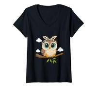 Mujer Lindo búho con lazo estampado de leopardo divertido arte animal Camiseta Cuello V