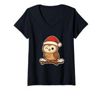 Mujer Lindo búho de Navidad en la Rama Camiseta Cuello V