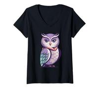 Mujer Lindo búho púrpura Dibujos Animados Colorido búho Sabio gráfi Camiseta Cuello V