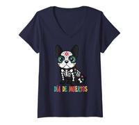 Mujer Lindo Bulldog Francés Calavera Calavera Diversión Calavera Camiseta Cuello V
