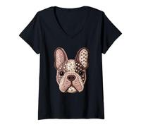 Mujer Lindo Bulldog Francés Patchwork Floral Frenchie Dog Folk Art Camiseta Cuello V